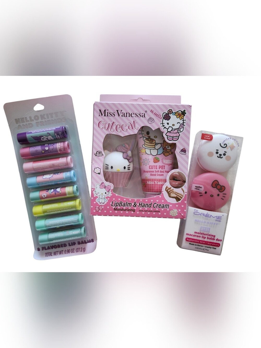 Hello Kitty NEW 3fer Lip Balm & Hand Cream Set - 8 Lippie Set - 2 Lip Balm Set